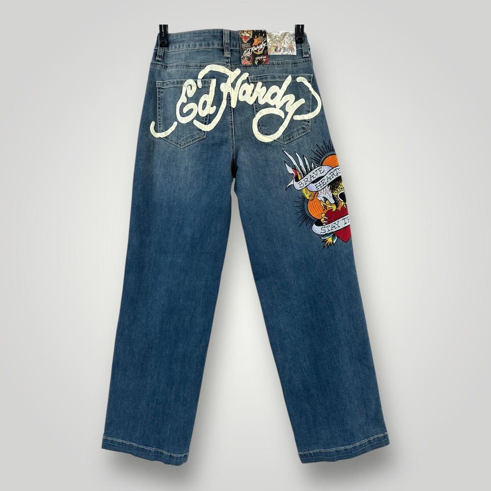 NEW Ed Hardy Jeans Womens 28 Medium Blue Wide Leg Graphic Brave Hearts Stay True